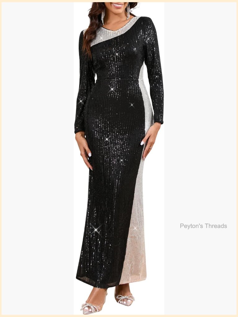 Sequin Patchwork Long Sleeve Bodycon Maxi Dress Party Evening Gown